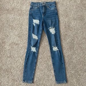 TOPSHOP Moto Jamie High Waist Ankle Grazer Blue Denim Distressed Jeans size 25